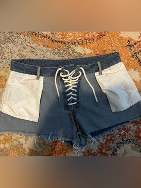 SHEIN Blue Denim Lace-Up Shorts with White Pocket Panels